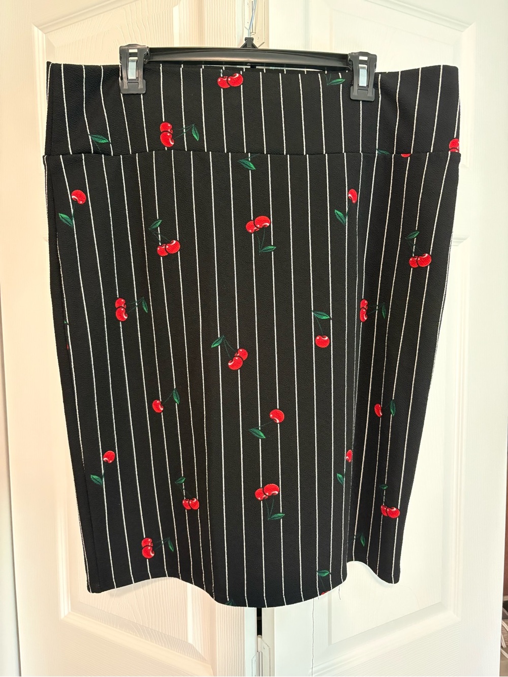 LuLaRoe Black Pinstripe Pencil Skirt with Cherry Print